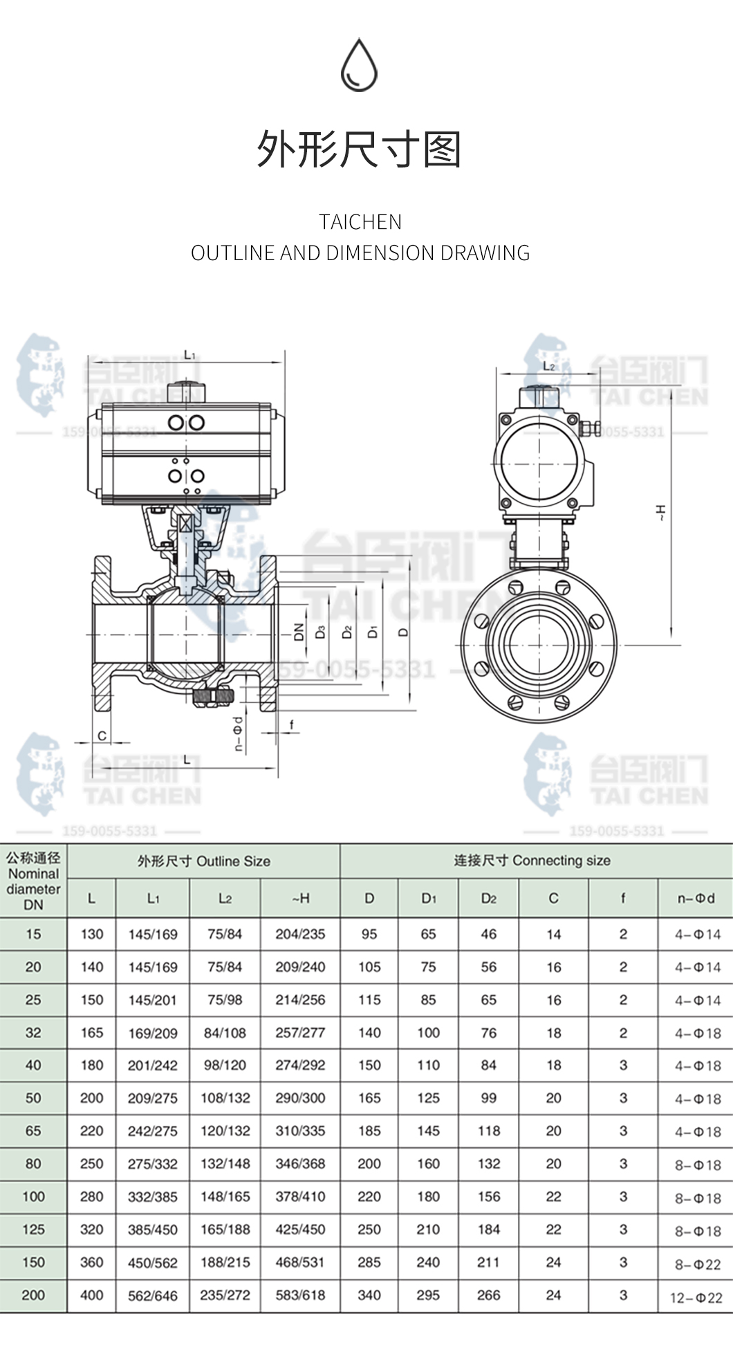 Q641F氣動法蘭球閥尺寸圖 Q641F氣動法蘭球閥尺寸圖